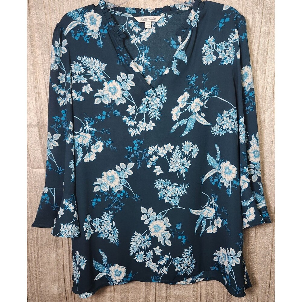Pioneer Woman Blouse Size Large Blue Floral 3/4 Bell Sleeve Pullover Ruffle
